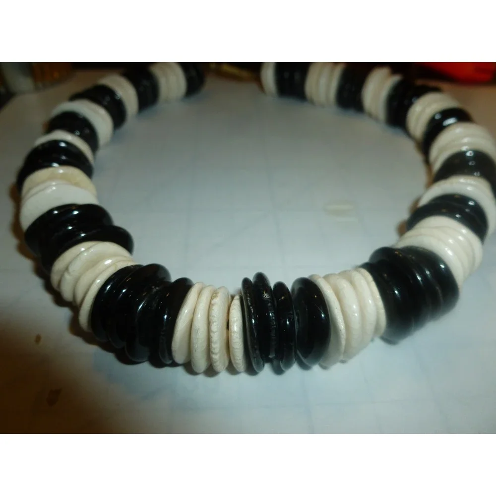 Vtg Artisan Ceramic Disc Bead Necklace‎ Black White Glazed Pottery Boho Choker